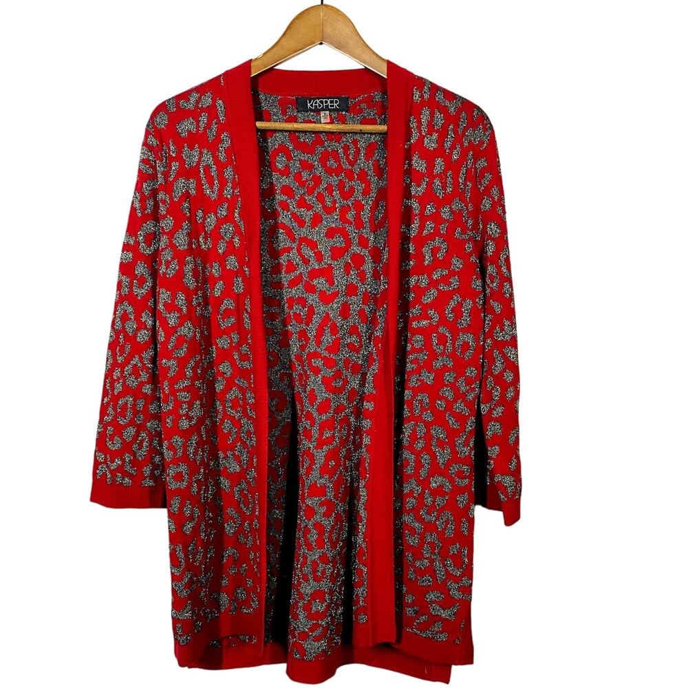 NEW! Kasper Open Front Metallic Animal Print Cardigan Sweater Knit Red - S